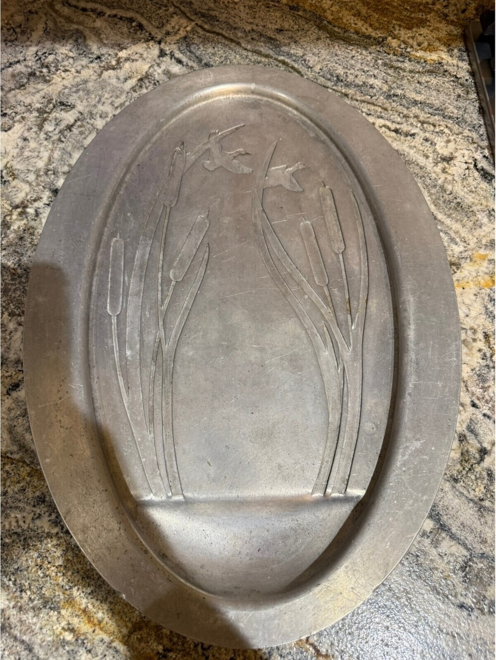 West Bend Aluminum Style Serving Platter with Embossed Duck and Cattail Design